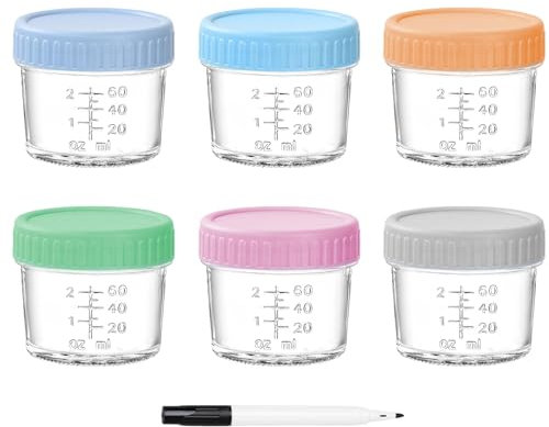 DYUEE Lot de 6 boîtes de conservation en verre coloré, 118 ml avec couvercles, anti-fuite, sans BPA, empilables, passent au micro-ondes et au lave-vaisselle