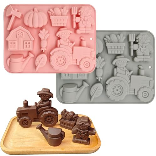 SEABABOO Silikonform Traktor 3D 2Pcs Silikonform Bauernhof Silikon Backform Traktor Traktor Kuchenform 3D Antihaftbeschichtet für Chocolate Cookie Fondant Eiswürfel (Bauernhof, 20.8 x 15.7 x 2.1 cm)