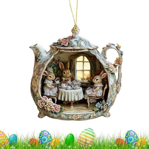 Osterhase Ornament 2D Acryl Ostern Kaninchen in Teetasse Osterdeko Zum Aufhängen, Osterdekorationen für Autozubehör, Rucksack, Türgriff, Fenster