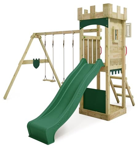 FATMOOSE Spielturm Ritterburg TreasureTower Top XXL mit Schaukel & Rutsche, Outdoor Kinder Kletterturm mit Sandkasten Leiter & Spiel-Zubehör für den Garten (grün)