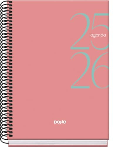 Dohe - Agenda scolastica 2025 2026 - Panoramica settimanale, formato A5 (15 x 21 cm), spagnolo e inglese, da settembre a giugno, rilegatura a spirale, copertina rigida - SYSTEM Rosa