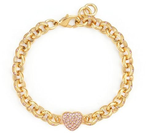 Gold Single Heart Charm Belcher With Pink Stones, 7-Inch, 21g, Gold Plated - Bling King London