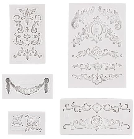 LINTRA 5 Pezzi Stampo in Silicone Fondente, Texture 3D Stampi in Silicone Rilievo Barocco, Stile Barocco Vintage a Forma di Fiore per Cupcake, per Dolci, Gelatine, Cioccolato