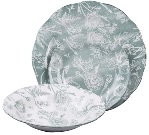 Service d'assiettes 18 pièces en porcelaine, 6 places de table, décor floral, vert, Fleurette