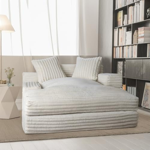 BNCKTRD Schlafsofa Couch Cord Schlafsessel Big Sofa Bett Sessel mit Schlaffunktion, 135 * 152 * 80cm Chaiselongue Polstersofa mit 2 Zierkissen Bubble Eckcouch für Wohnzimmer und Schlafzimmer Beige