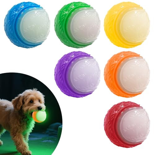 Mapneng 6PCS Glow in the Dark Dog Balls, Durable Squeaky Rubber Dog Toys, Floating Chew Balls for Aggressive Chewers & Night Play