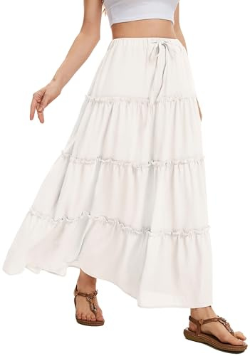 WUWUSKY Women's Skirts Elastic High Waist Flowy Maxi Skirt Summer Casual Elasticated A Line Skirts with Pockets,White,M