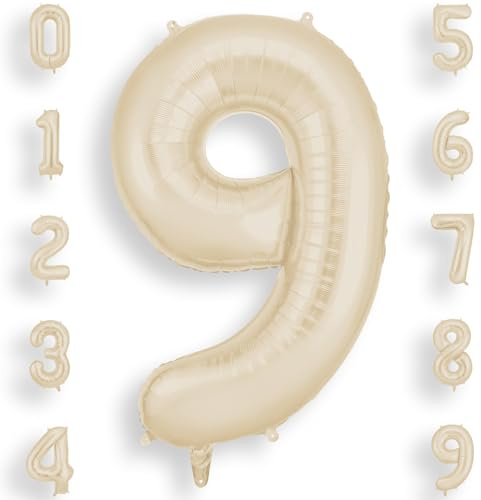 AOOSU Geburtstag Zahlen Luftballon 9 Beige, 40 Zoll Geburtstagsdeko Ballon 9, Riesige Folienballon Weiß Creme Helium Ballons für Männer Frauen Geburtstagsparty Deko, Jubiläum 9 Jahre Deko