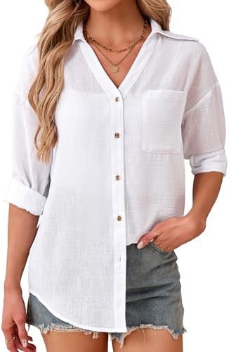 Enmain White Linen Shirt Womens Long Sleeve V-Neck Ladies Casual Summer Shirts Button Up Blouses for Women UK Breathable Lightweight Cotton Linen Tops for Everyday Wear Weekend Home S