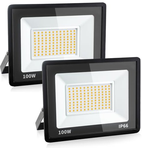 Fynokst 100W Projecteur LED Extérieur, 10800LM Super Lumineux Spot LED Extérieur, 3000K Blanc Chaud, IP66 Étanche Lampe Exterieur Pour Jardin, Garage, Terrain de Sport, 2 Pièces