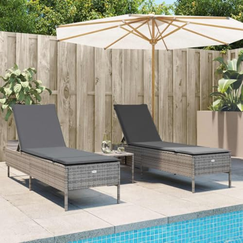 QUAHEAS 3-TLG. Sonnenliegen-Set Grau aus Poly Rattan, verstellbar, UV-beständig, 198x55cm, mit Beistelltisch & Kissen, für Garten & Terrasse