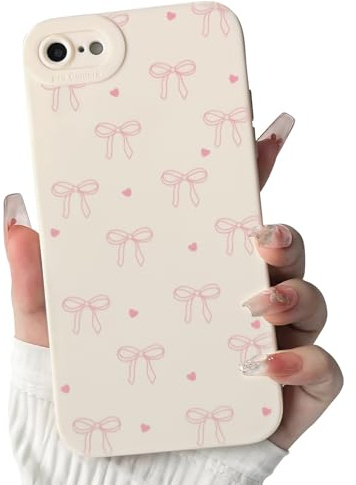 NITITOP for iPhone SE 2020/ SE 2022/7 / 8 Case Cute Bow Love Heart, Pink | for Women Girls, Aesthetic Ribbon Bowknot Pattern, Color Back Soft TPU Shockproof Cover, Full Camera Protection