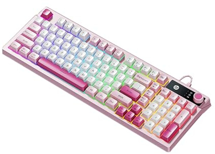 HP Teclado de membrana mecánico GK500F, panel de metal, teclas ABS, 98 teclas, teclas suaves, perilla multimedia, iluminación RGB, retroiluminación inalámbrica (doble uso de oficina/juegos), rosa y