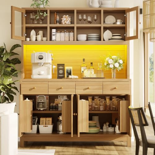 Easexcy Hochbuffetschrank 140 * 38.5 * 180cm mit App-gesteuerter RGB-LED, Glastüren & 4 Schubladen, verstellbare Einlegeböden, Naturholz-Optik,belastbar bis 100kg