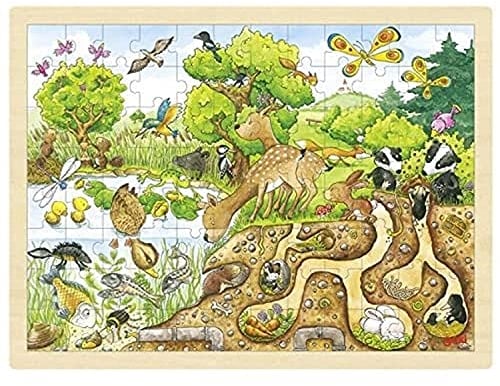 goki 57582 - Einlegepuzzle Erlebnis Natur aus Holz, Holzpuzzle mit vielen Tieren, Lernspielzeug und Kinderpuzzle, fördert Fantasie und Motorik der Kinder, 40cm x 30cm, 96er Set, ab 3 Jahre