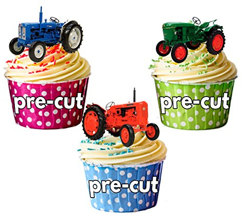AK Giftshop PRE-CUT Vintage Tractor - Edible Cupcake Toppers/Cake Decorations (Pack of 12)