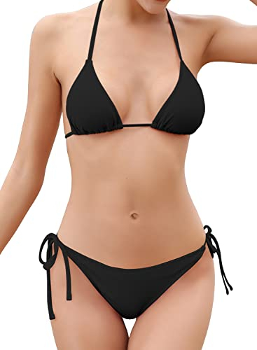 SHEKINI Bikini Damen Set Sexy Klassischer Triangel Rückenfrei Bikinioberteil Verstellbare Zweiteiliger Badeanzug Niedrige Taille Ruched Bikinihose für Frauen(M, Schwarz)