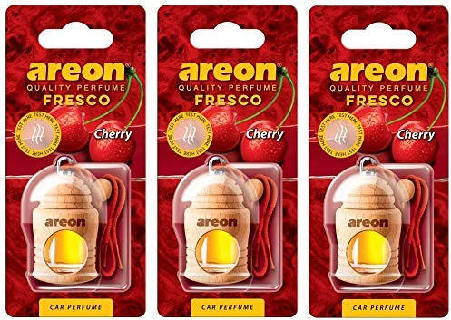 Areon Fresco Kirsche Auto Duft Rot Glas Duftflakon Flakon Holz Hängend Anhänger Spiegel Set 4ml (Pack x 3)