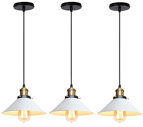 iDEGU 3 Piezas Lámparas Colgantes Vintage, 22CM Lámparas de Techo Retro de Metal Estilo Edison Industrial E27 Iluminación Luz de Techo Colgante para Comedor Cocina Salón Bar Restaurante (3x Blanco)