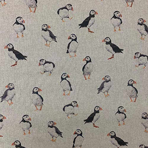 Discover Lifestyle & Fashion Fabrics Stoff mit Papageientaucher-Digitaldruck, Baumwolle, Leinenoptik, für Vorhänge, Jalousien, Basteln, Quilten, Patchwork und Polstermöbel, 140 cm breit, Meterware
