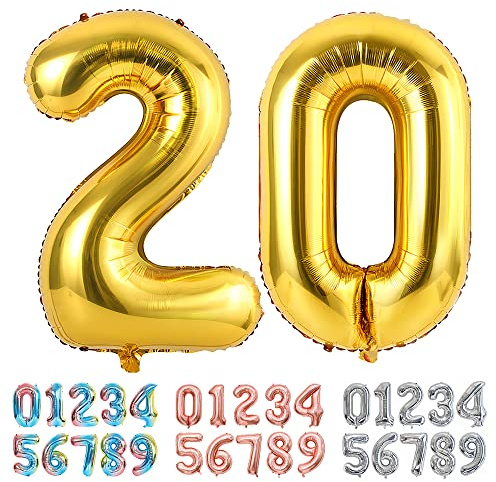 Ponmoo Luftballons Zahlen 20 Gold, Riesen Nummer 0 1 2 3 4 5 6 7 8 9 10-19 20-29 30-39 40 50 60 70 80 90 100, groß Folienballons für Hochzeit Jubiläum, Geburtstagsballons Party Dekoration