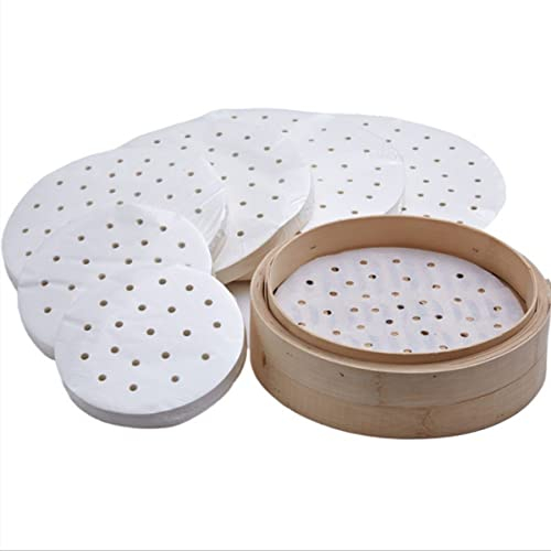 Hothotgirl 250 Stück Dim Sum Papier als Unterlage für Bambusdämpfer, Heißluftfritteuse, Dampfgarer Airfryer Liners, antihaftbeschichtet, rundes Backpapier Perforiertes Bambus Papier 10Zoll/25.4cm