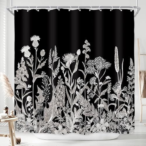 Riyidecor - Tenda da doccia con fiori selvatici e fiori selvatici, erbe botaniche, piante nere, fiori e foglie, in tessuto impermeabile, 12 ganci in plastica da 12 x 170 cm