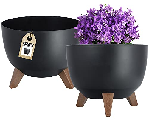 KADAX Pot de Fleurs en Plastique sur Trois Pieds, Effet Bois pour Sublimer la Décoration de Votre Maison et de Votre Jardin, Intérieur et Extérieur (Noir, 29 cm)