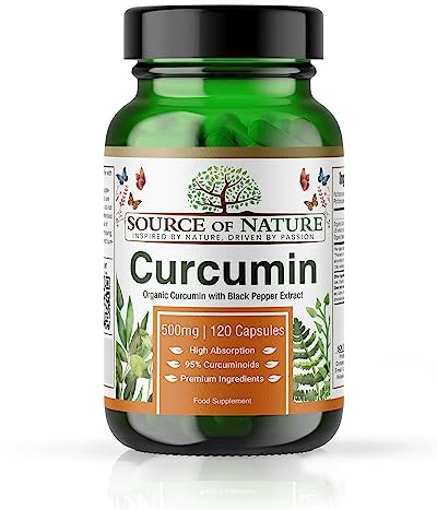 Source of Nature® | 500mg Curcuminextrakt | 120 Kapslar | +95% Rena Curcuminoider | Producerad i EU | Med BioPerine® (Svartpepparextrakt) för Absorption | Från Gurkmeja | Hög dos