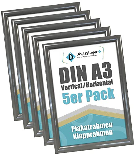 DisplayLager 5'er Sparpack Anthrazitgrau DIN A3 Klapprahmen mit 25mm Aluminium Profil, Entspiegelter Schutzscheibe, Befestigungsmaterial…