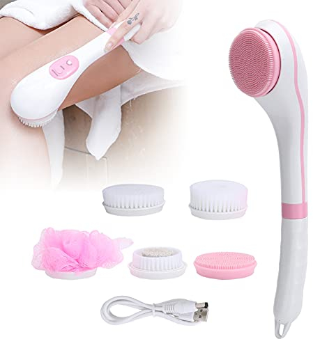 USB Charge Electric Body Bath Brush, 6 Gears Adjustable Bath Body Brush Set Shower Brush Back Scrubber Multi‑Function Long Handle Massage,Long Handle for Body Scrubbers for Use in Shower (Pink)