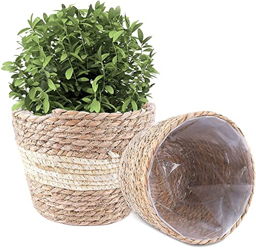 Whcctl Blumenkorb Geflochten, 2er Set Pflanzkorb, Blumentopf Rund Übertöpfe, Blumentöpfe Seegras Pflanztopf, Pflanzentöpfe Aufbewahrungskorb, Korb Geflochten für Pflanze Blumen Home Decor