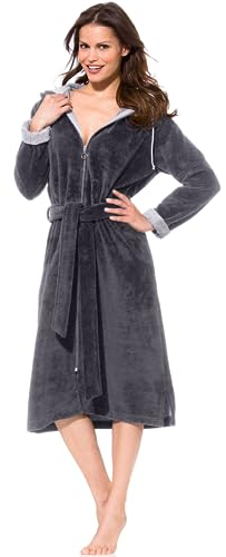 Morgenstern Peignoir de Bain Femme avec Fermeture Éclair Robe de Chambre avec Capuche L Gris