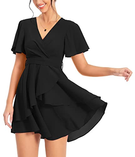PCEAIIH Women's Cocktail Dresses Short Sleeve Empire Skater Dress Deep V-Neck Waist Tie Ruffle Mini Swing Dresses 2XL Black