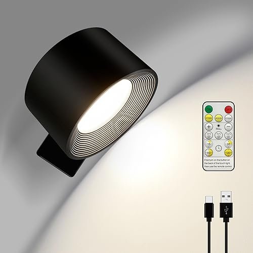 BELLALICHT Led Wandleuchte Innen, Akkubetriebene Kabellose Wandlampe Touch Dimmbar mit Fernbedienung, 360° drehbare Magnethalterung, 3 Farbmodi 3 Helligkeitsstufen, überall einsetzbar, Schwarz