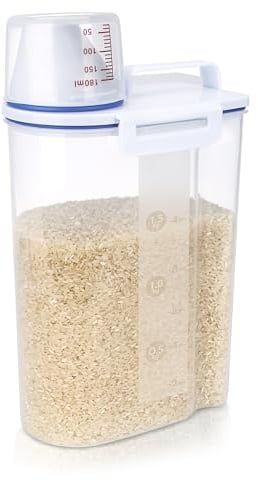 BELLE VOUS 2L/68oz Rice Storage Container with Measuring Cup - Plastic Airtight Dispenser - BPA-Free Storage Bin for Cereal, Rice, Grain, Flour, Pet Food & Dry Food - Kitchen/Pantry Organisation