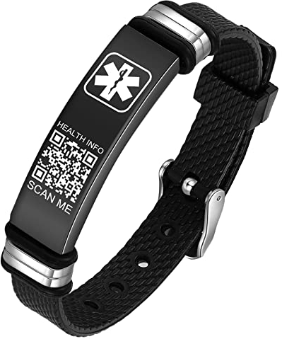 Theluckytag Medizinische Armbänder Männer Frauen mit QR Code Alert ID Armbänder. Kunststoff-Armband passt Handgelenke bis zu 9'',Mehr Raum Benutzerdefinierte Notfall medizinische ID Informationen