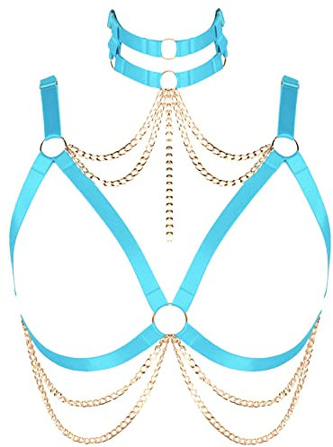Punk Gothic Körperkette Geschirr Hals und Brust Kette Damen Plus Size Tops Hollow-Out BHs Tanzkleidung, Himmelblau und Gold