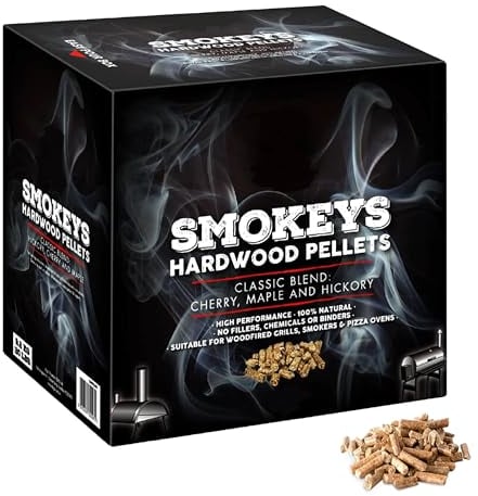 TOPLINE Big K Smokey's Premium Hardwood Pellets - 9 kg Box of 100% Natural Classic Blend Cherry, Maple & Hickory BBQ Wood Smoking Pellets with Card for Woodfire Grills, Smokers & Pizza Ovens., Brown