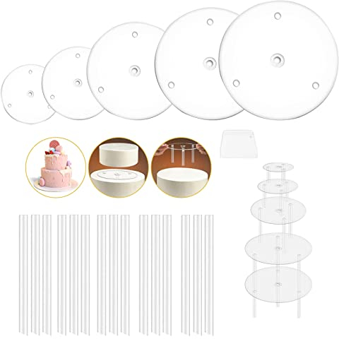 XSEXO Soporte Tartas, Tartas Apiladas de 5Capas,Soporte de Plástico Tartas con 15Varillas de Soporte,Bandeja para Tartas para Tartas Escalonadas, Reutilizable Tablero para Pasteles
