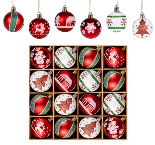 Christbaumkugeln Kunststoff, Homewit 16 Stück Weihnachtskugeln Grün Rot Weiß für Traditionelles Thema Christbaumkugeln Deko, Weihnachtsbaum Kugeln für Weihnachtsbaumk und Tannenbaum Deko - 6cm