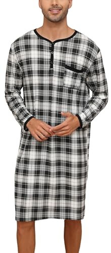 Chemise de Nuit Homme Pyjama Manches Longues Hauts de Pyjama Homme Tee-Shirt Long Col V avec Boutons Vêtements d'Intérieur T-Shirt Grande Taille Douce Confortable Carreaux Noir Blanc-A XL