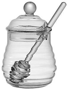 Yawdil Pot à miel en verre transparent de grande capacité avec spatule et couvercle en verre ruche pour maison, mariage, fête