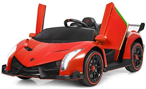 COSTWAY 12V Electric Ride on Car, 2-Seater Licensed Lamborghini Racing Cars with Remote Control, Swing Mode, LED Lights, Horn, USB/MP3/TF, 4 Suspension Wheels Vehicle for Kids (Red)