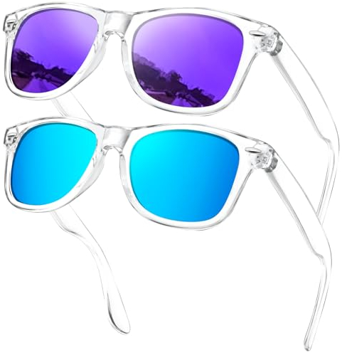 KANASTAL 2 Pezzi Occhiali da Sole Viola Blu Specchio Uomo Donna Polarizzati UV400 Trasparenti Specchiati Due Paia Quadrati Alla Moda Montatura Trasparente Purple Blue Sunglasses -Azzurri + Lilla