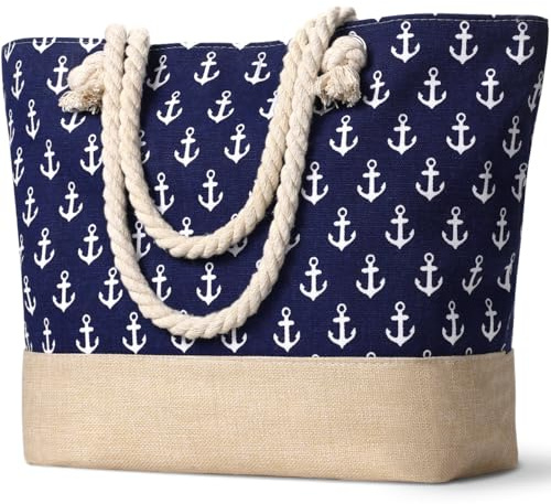Paneerte Waterproof Sandproof Beach Bag with Zip and Rope Handle, Travel Essentials - Army Blue Anchor