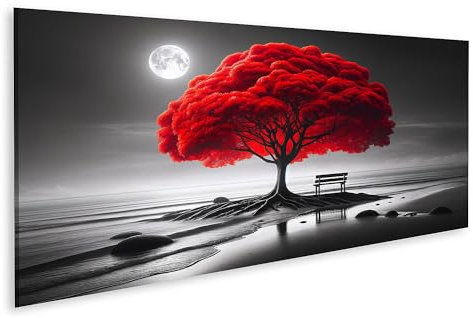 islandburner Prime Quadro su tela Albero rosso luminoso su una spiaggia monocromatica con luna, poster