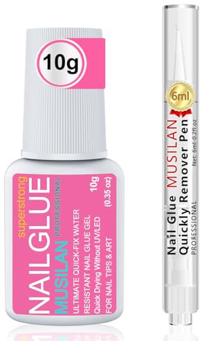 MUSILAN 10g Solida Colla per Unghie Gel con Pennello e Penna solvente per colla da 6 ml, per unghie artificiali Non richiede lampada UV, Penna per la rimozione della colla per unghie