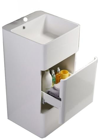 Standwaschbecken Quadratischer Badezimmer-Waschtisch mit Aufbewahrungsschublade, Standwaschbecken aus Kunststein, modernes quadratisches Badezimmer-Sockelwaschbecken mit Überlaufloch und Wasserhahnloc