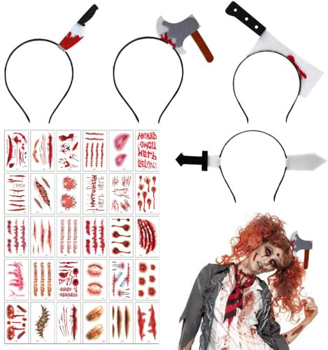 WELLXUNK 4 Piezas Diadema de Terror de Halloween, Diadema Cuchillo Halloween con 30 Hojas Halloween Cicatrices Tatuajes, Diadema Hacha Cuchillo Halloween para Halloween, Carnaval, Mascarada, Cosplay